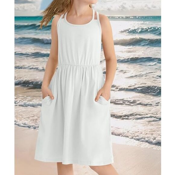 Besser Bay Girls White Criss-Cross‎ Sleeveless Summer Dress 12 Midi Fit & Flare - Picture 2 of 11
